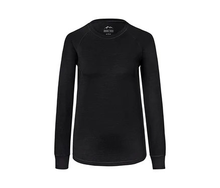 Schwarzes Funktionsshirt mit Merinowolle und langen Ärmeln.