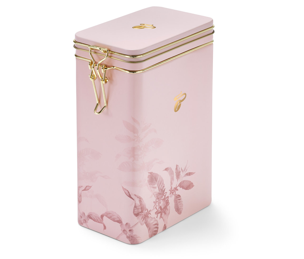 Rosa Kaffeedose mit Pflanzenmuster und goldenem Verschluss.