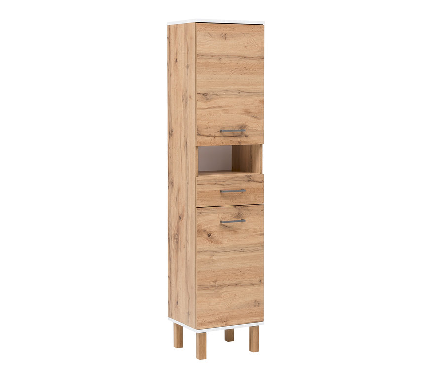 Ein Schildmeyer-Bad-Hochschrank »H 400 Wido« mit zwei Schubladen und einem offenen Fach.