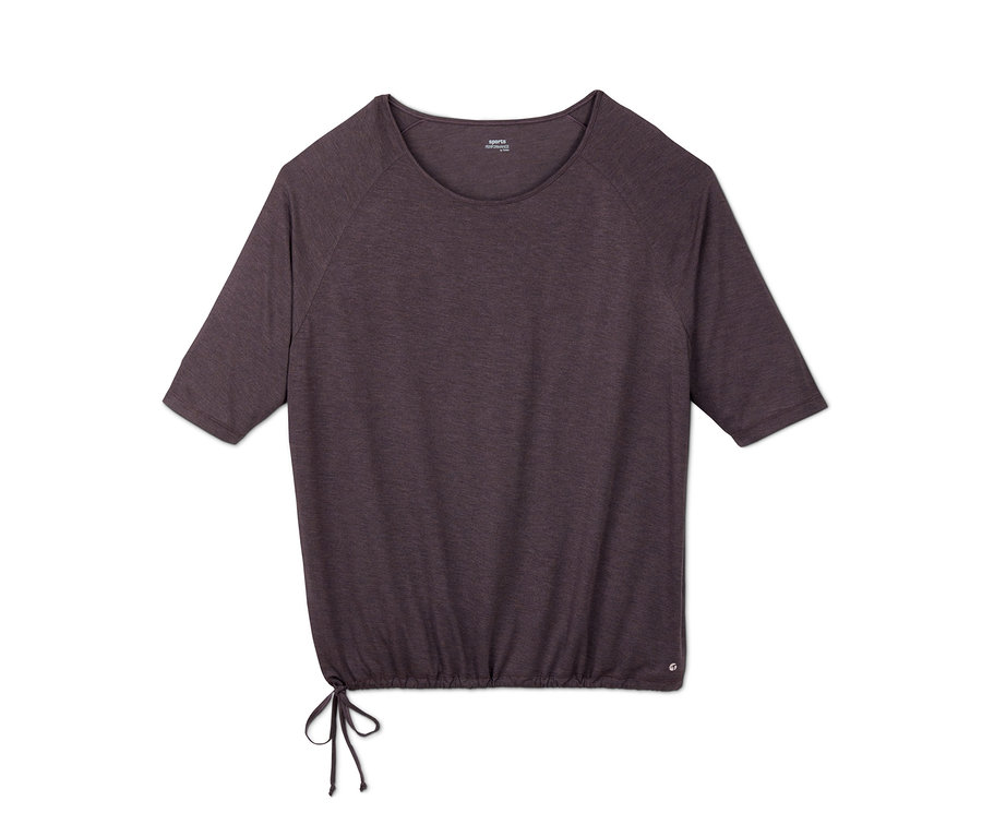 Ein braunes Sportshirt mit kurzen Ärmeln und einem Kordelzug in der Taille.