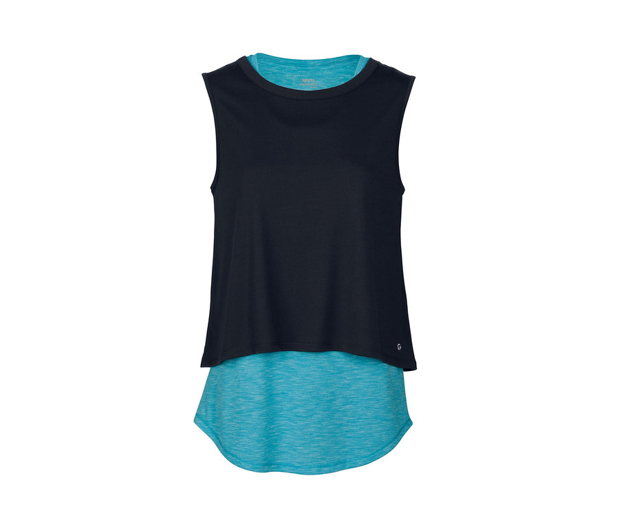 Nahaufnahme eines 2-in-1-Sporttops mit einem lockeren, schwarzen Außentop und einem türkisfarbenen Innentop.