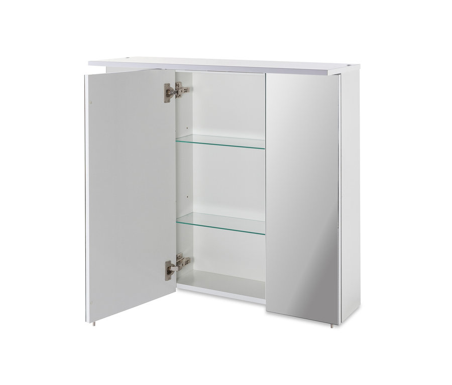 Ein weißer Spiegelschrank SPS 700.1 »Nora« und SPS 800.1 »Nora« mit geöffneter Tür.
