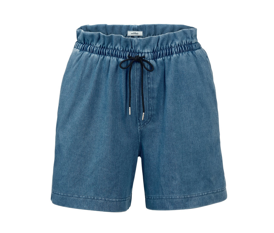 Blaue Shorts in Denimoptik mit schwarzem Kordelzug.