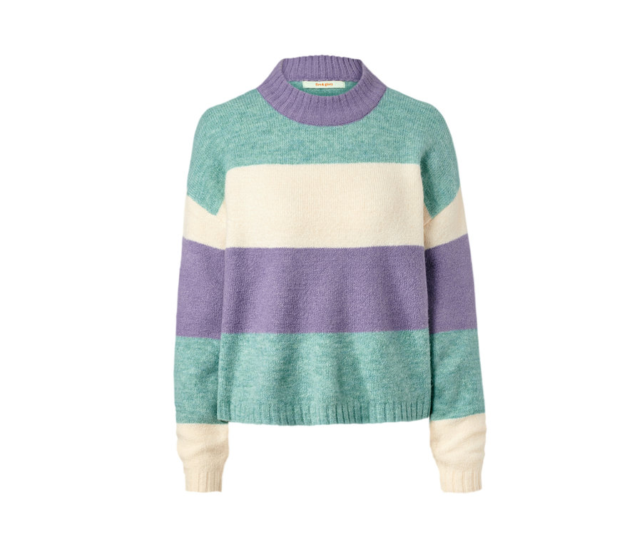 Gestreifter Strickpullover in Grün, Lila und Creme.