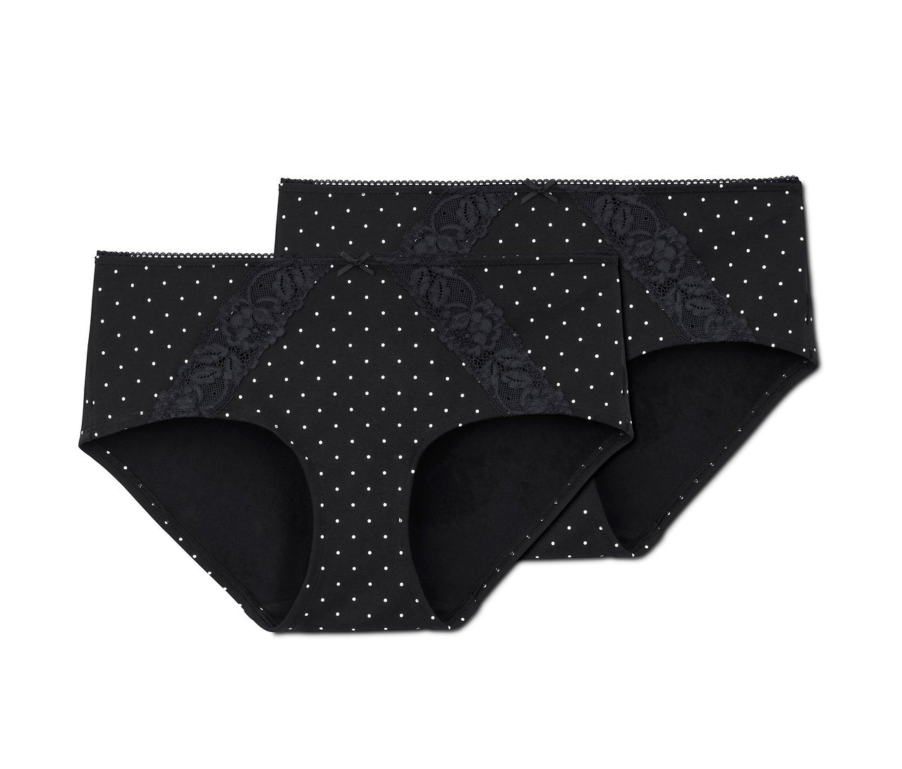 Zwei schwarze Pantys mit weissen Punkten und Spitze.