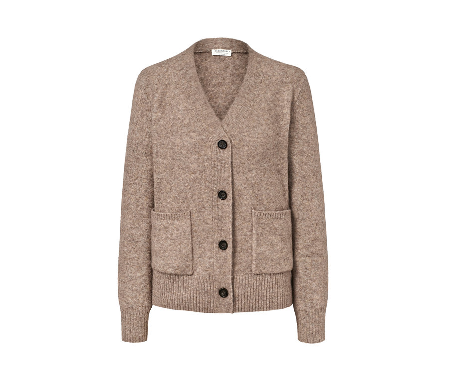 Braune melierte Strickjacke mit Wolle.