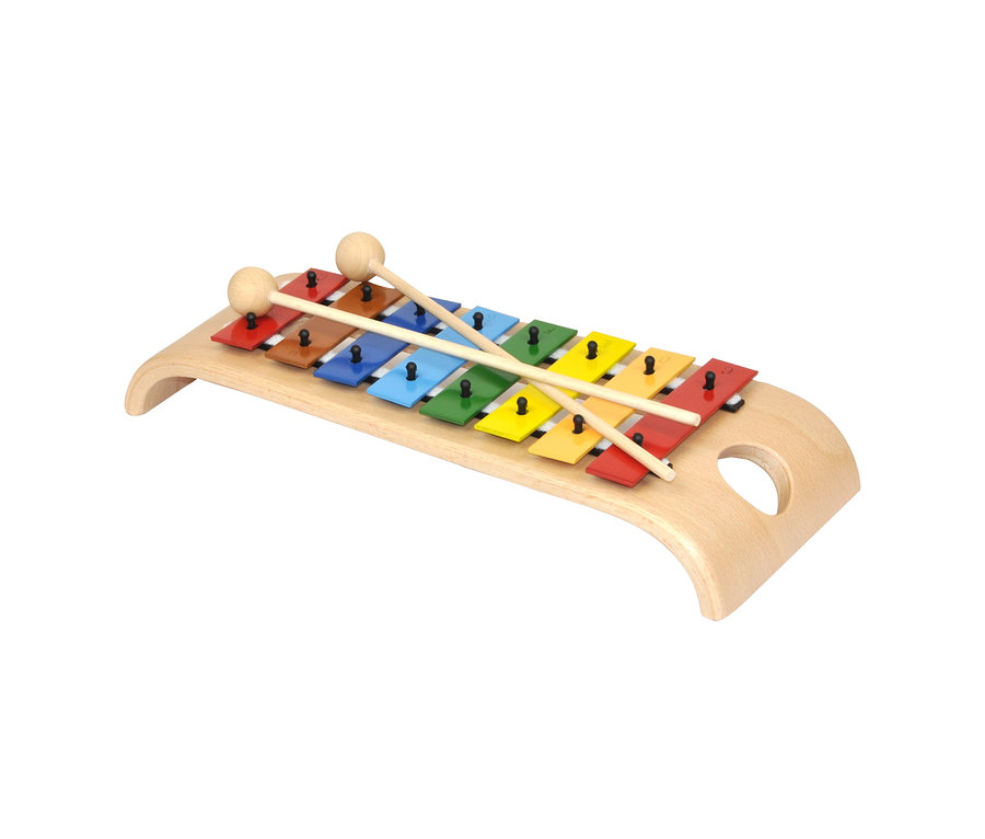 Ein farbenfrohes Voggenreiter-Kinder-Instrumente-Set Xylophon mit Schlägeln.
