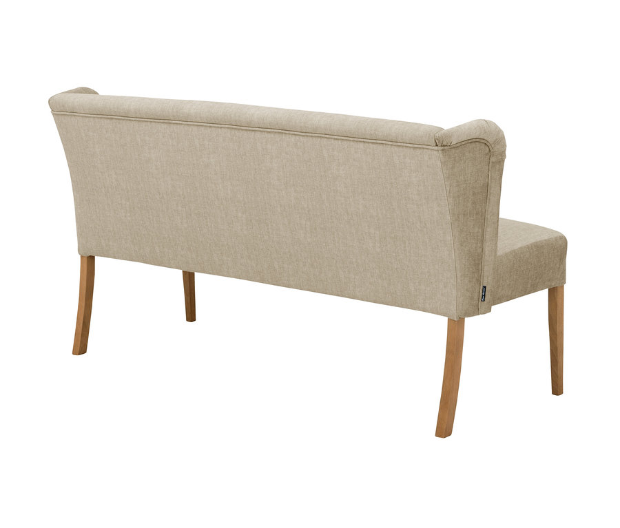 Rückansicht der beige gepolsterten Bank »Hendrick« mit Holzbeinen.