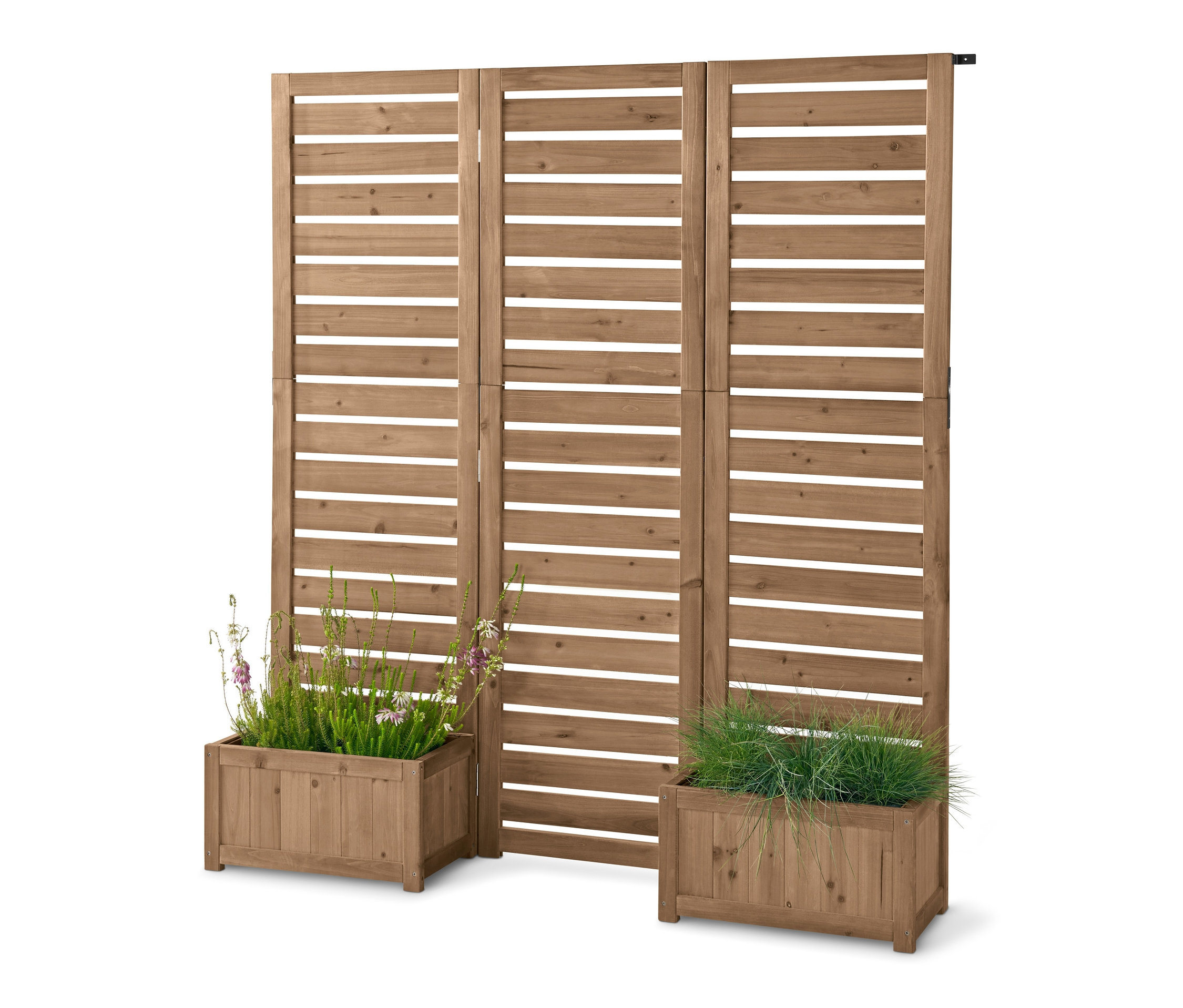 Hölzerner Paravent »Tinus« mit Pflanzkästen mit Pflanzen.