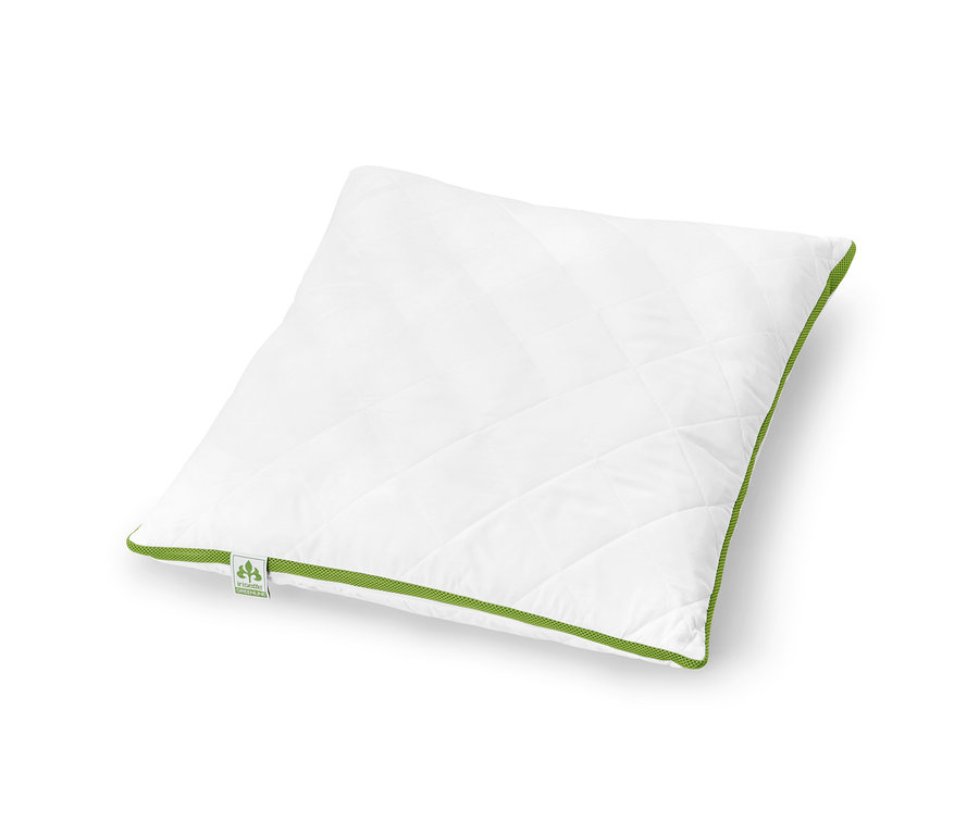 Ein weißes irisette® greenline Kopfkissen mit Klimaband liegt auf einem weißen Hintergrund.
