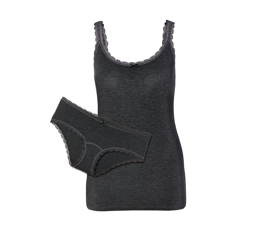 Graues Hemdchen-Slip-Set mit Spitze.