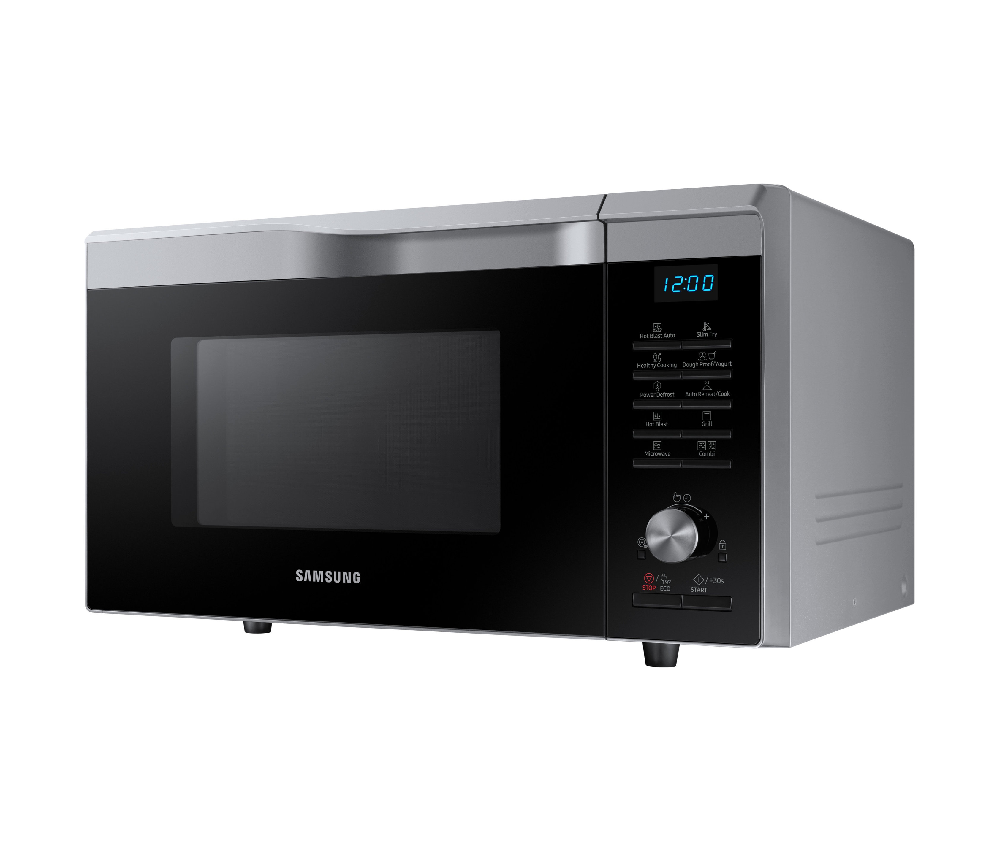 Silber-schwarze Samsung Heißluft-Mikrowelle »MC28M6055CS/EG« mit digitaler Anzeige, die 12:00 anzeigt.