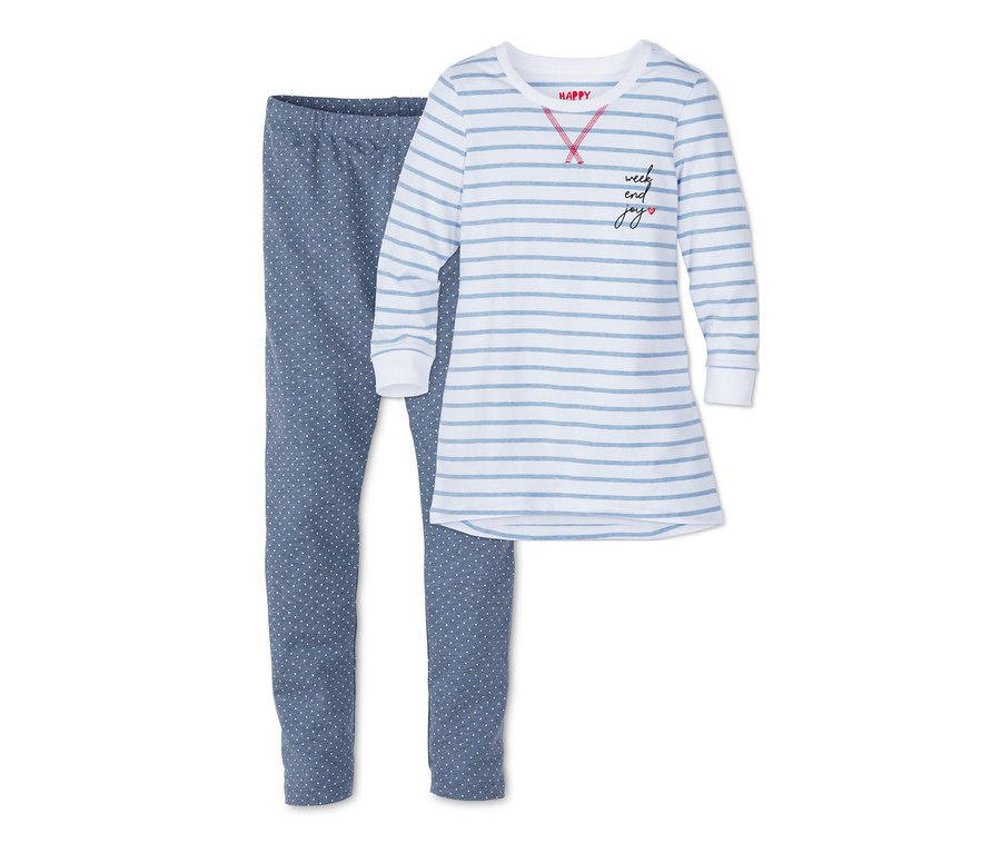 Mädchen-Pyjama mit blauen Punkthosen und einem gestreiften Oberteil.