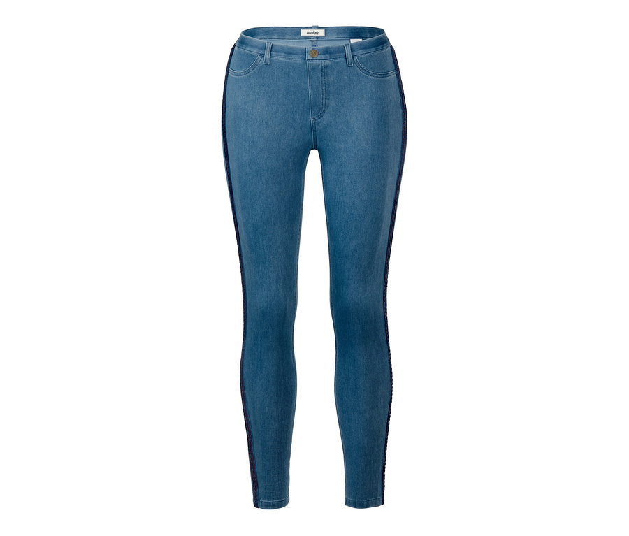 Blaue Jeggings mit Zierstreifen an der Seite.