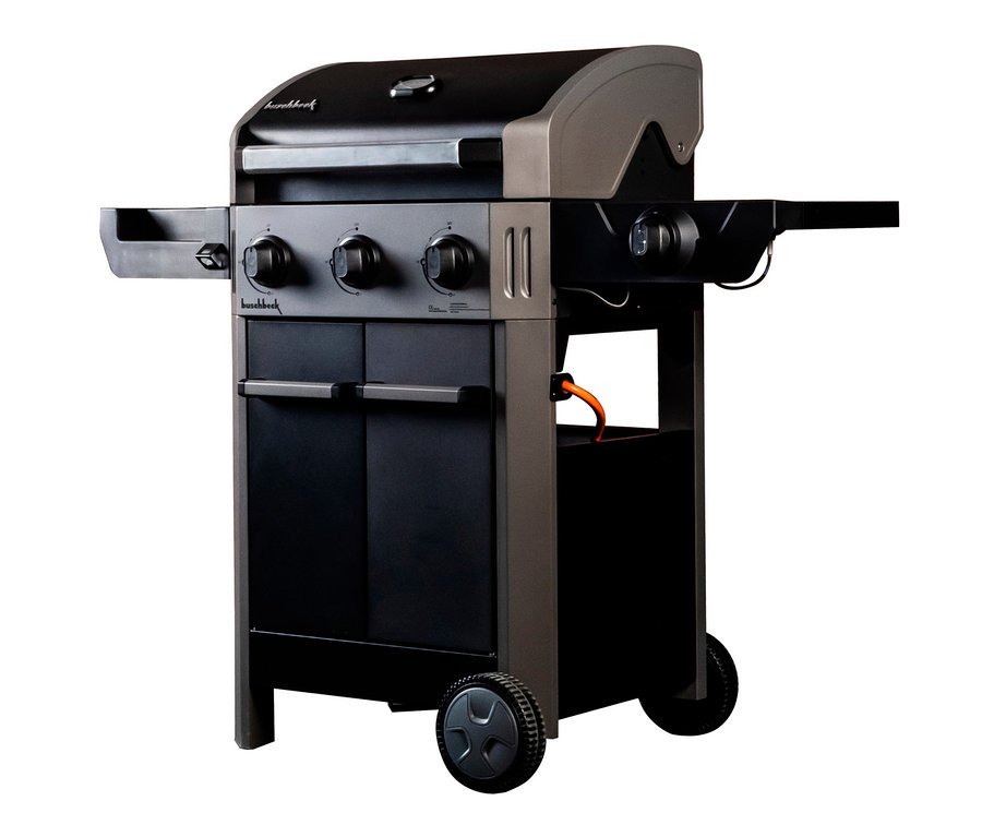 Ein Buschbeck-Gasgrill »Grenada« mit 3 Brennern in Schwarz und Grau vor einem weißen Hintergrund.