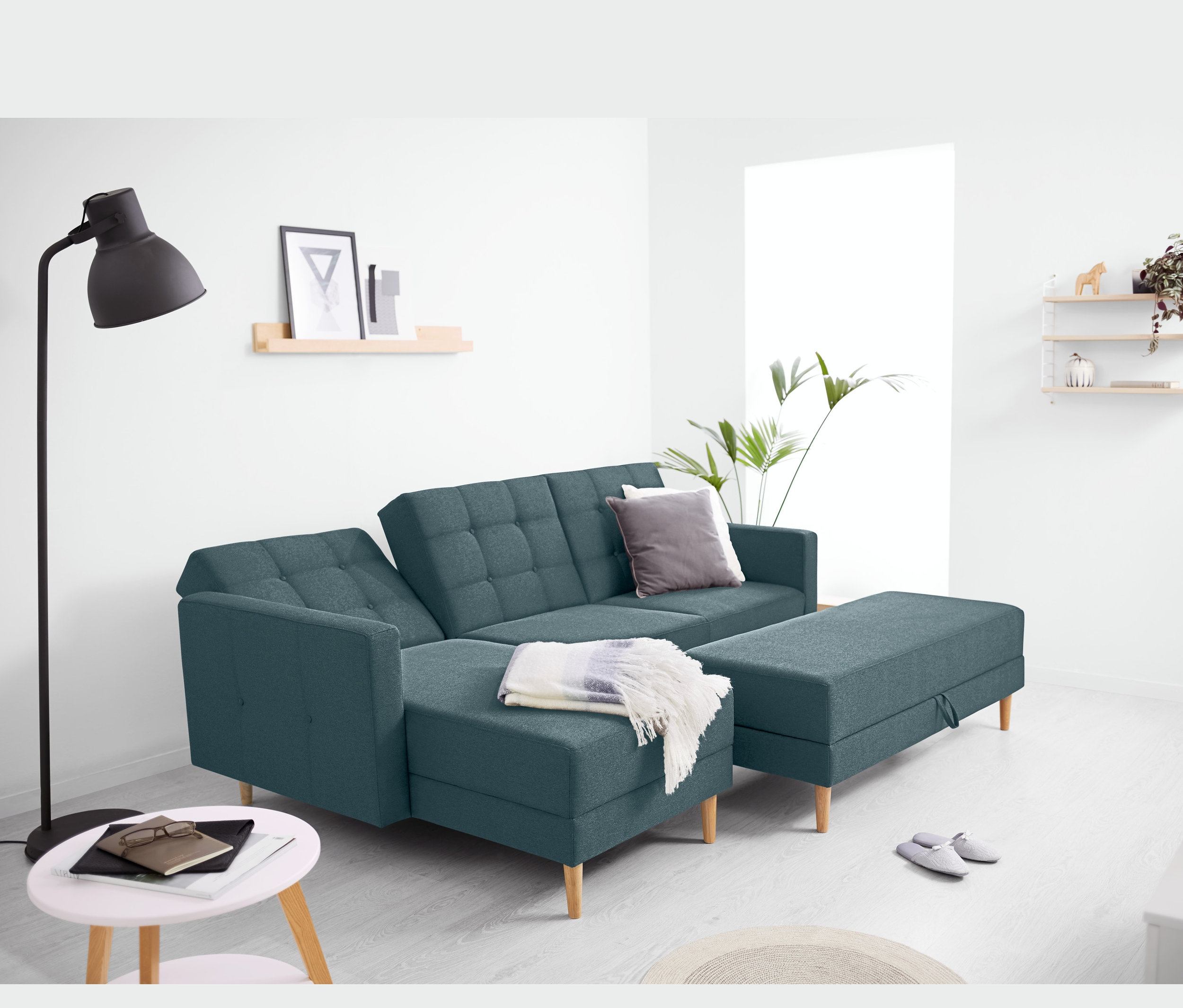 Blau-graues Federkern-Eckschlafsofa »Just Relax« mit Stauraumbank.