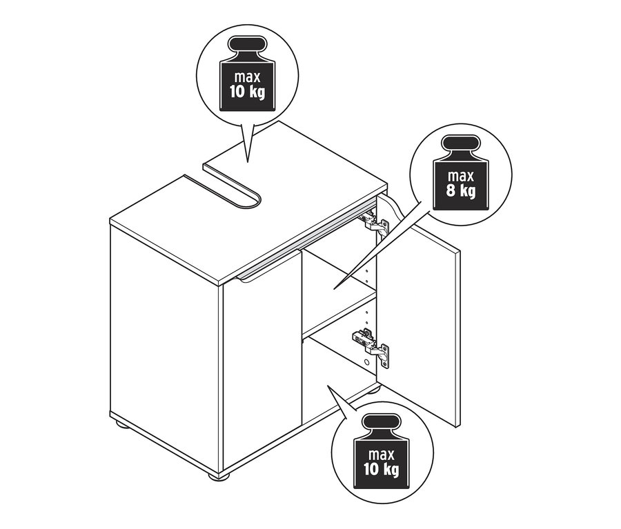 Geöffneter Waschbeckenunterschrank mit viel Stauraum. Die maximale Tragkraft der Oberseite beträgt 10 kg, die des Regals 8 kg.
