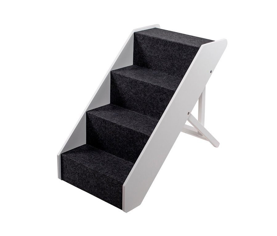 Eine "Deluxe" Tiertreppe mit vier Stufen, weißem Rahmen und grauen Stufen.