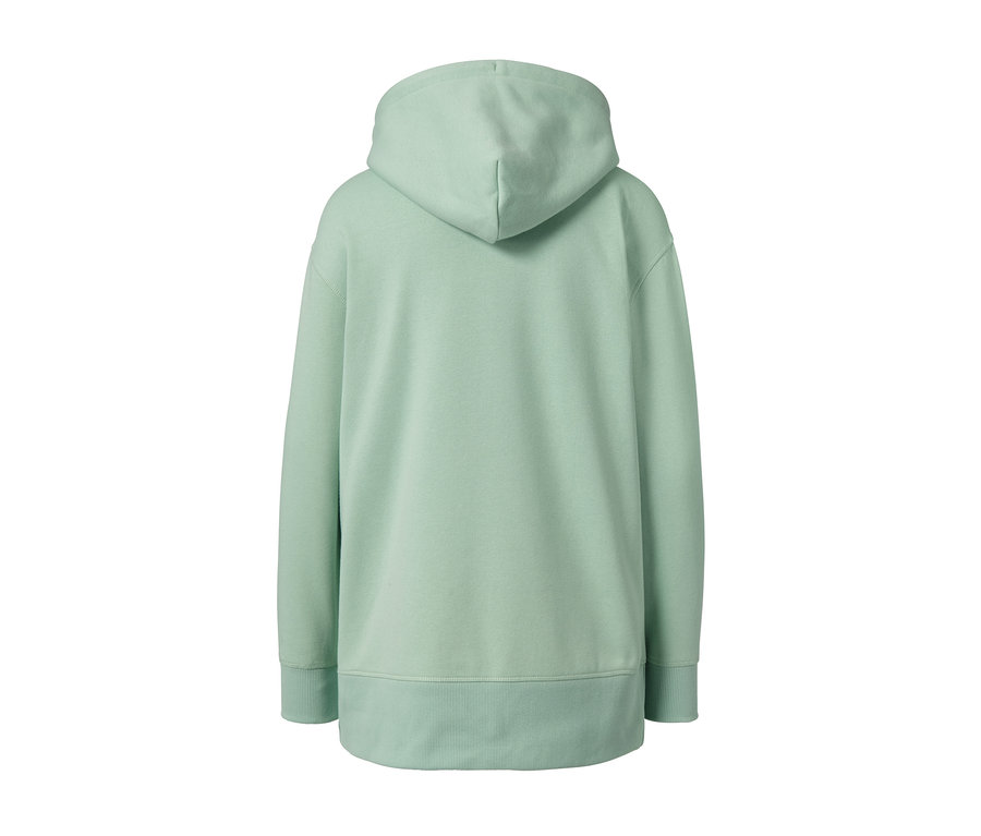 Rückansicht eines hellgrünen Sweatpullovers mit Kapuze.