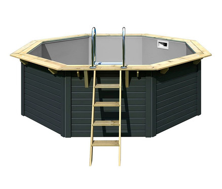 Anthrazitfarbenes Karibu Gartenpool-Set Modell 1 mit Holzleiter.