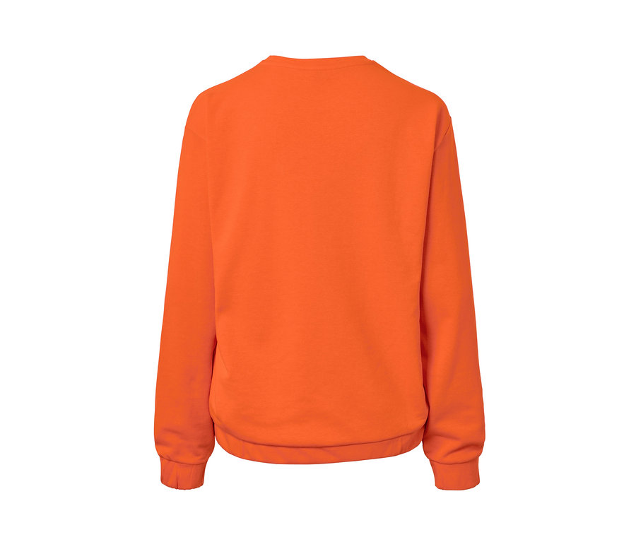 Rückansicht eines orangefarbenen Sweatshirts mit Stickerei.