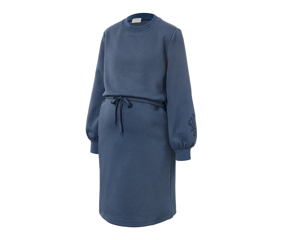 Blaues Still-/Umstands-Sweatkleid mit langen Ärmeln, Kordelzug in der Taille und Blumenstickerei auf einem Ärmel.