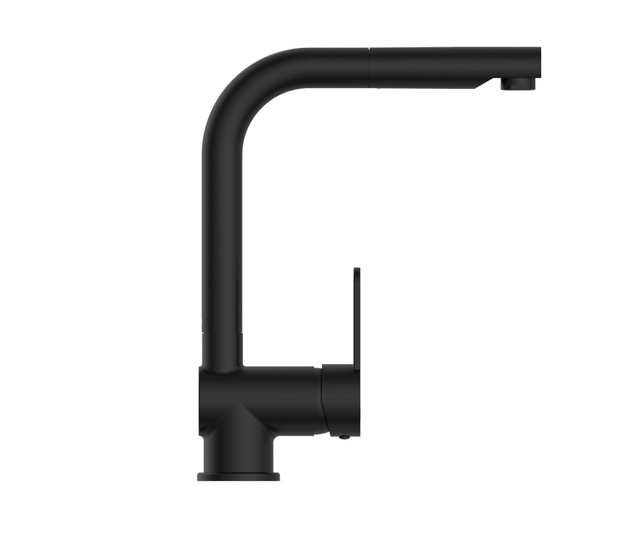 Eine matte, schwarze »London« Spültischarmatur vor einem weißen Hintergrund.