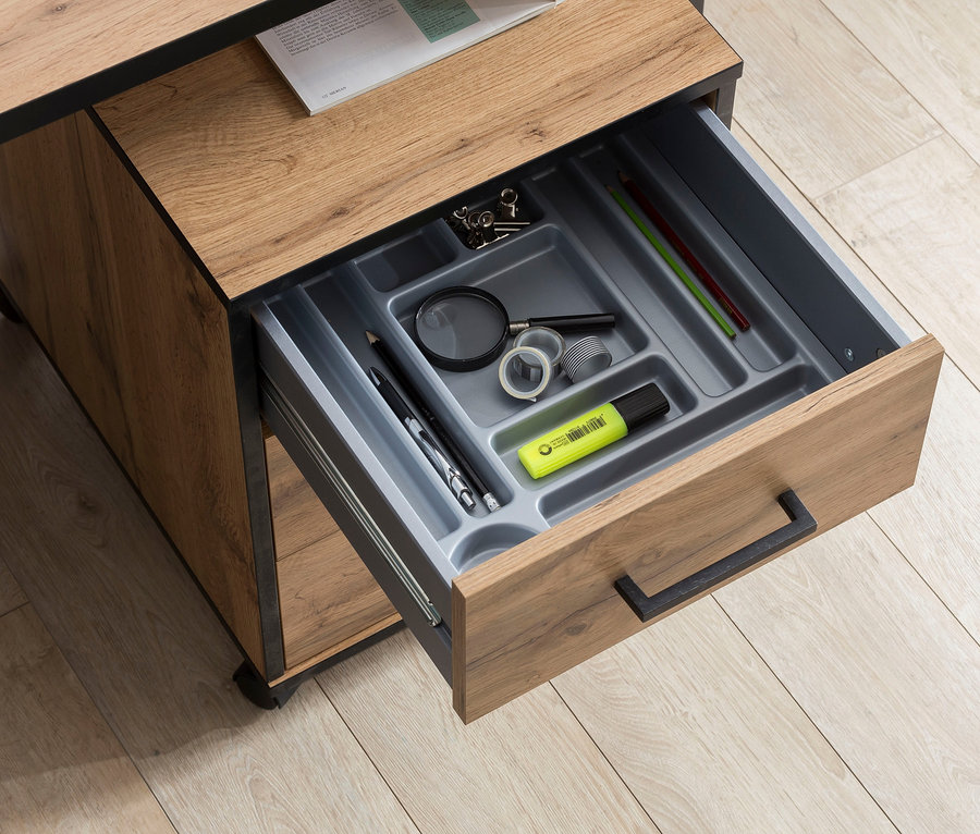 Geöffneter hölzerner Rollcontainer »2000« gefüllt mit Bürobedarf.