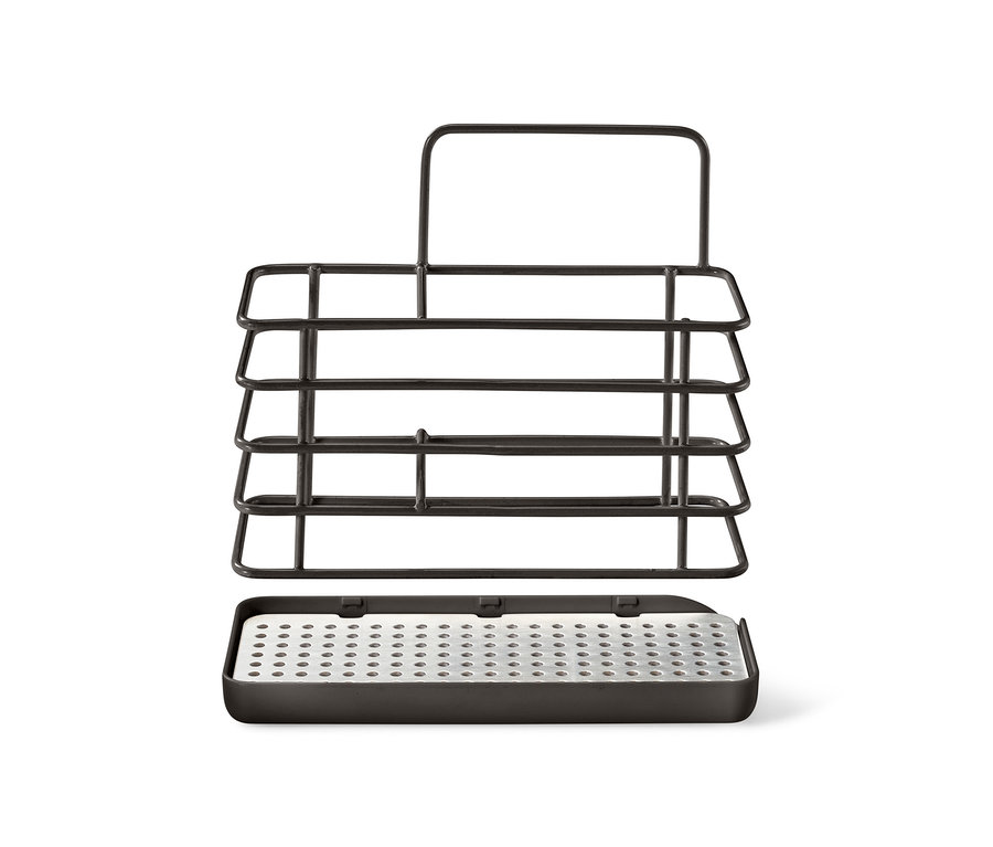 Ein Spülutensilien-Ständer aus Metall mit einer Abtropfschale.