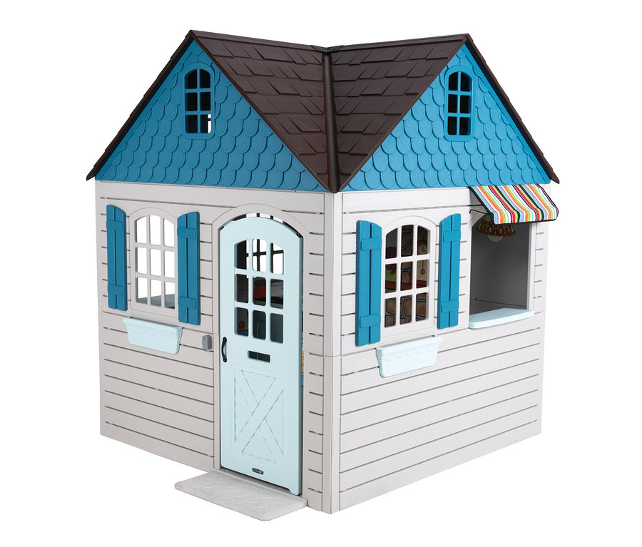 Weißes Lifetime-Spielhaus »Flipper« mit blauen Akzenten und braunem Dach.