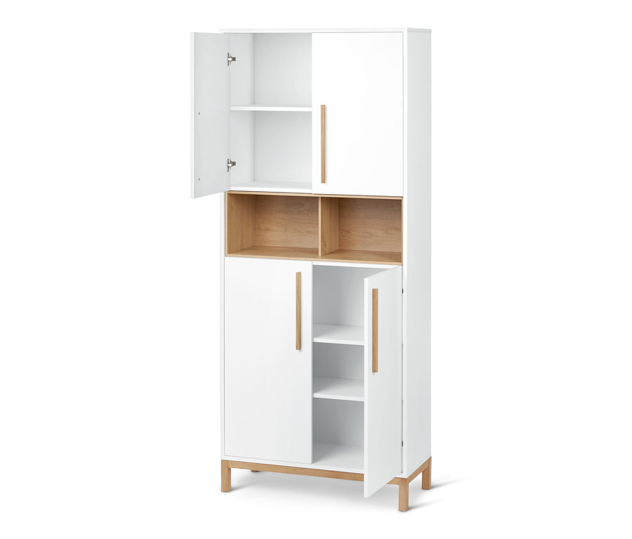 Offener weißer Bad-Hochschrank »Eklund« mit Holzdetails.