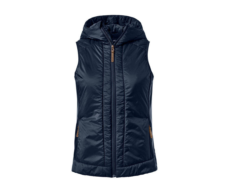 Marineblaue Steppweste, packable mit Kapuze.