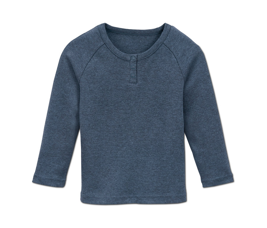 Blaues Interlock-Langarmshirt mit Knöpfen.