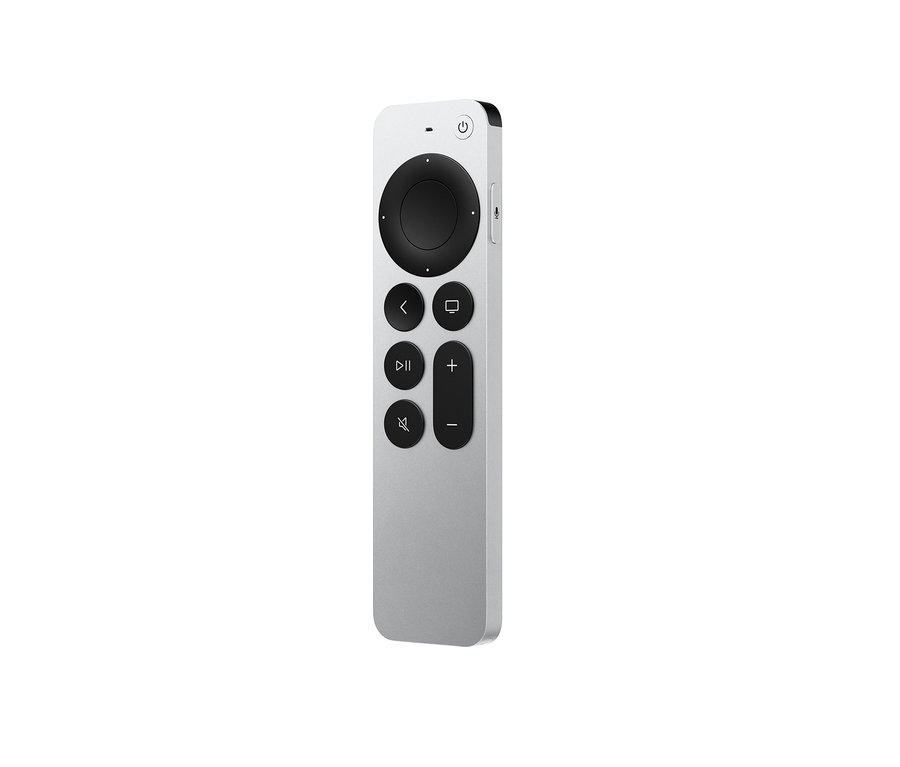 Silberne Apple TV 4K 2021 Fernbedienung mit schwarzen Tasten auf weißem Hintergrund.
