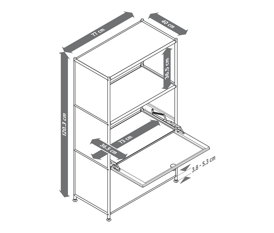 Eine Skizze eines Metallregals »CN3« mit zwei Klappenfächern, von denen eines geöffnet ist.