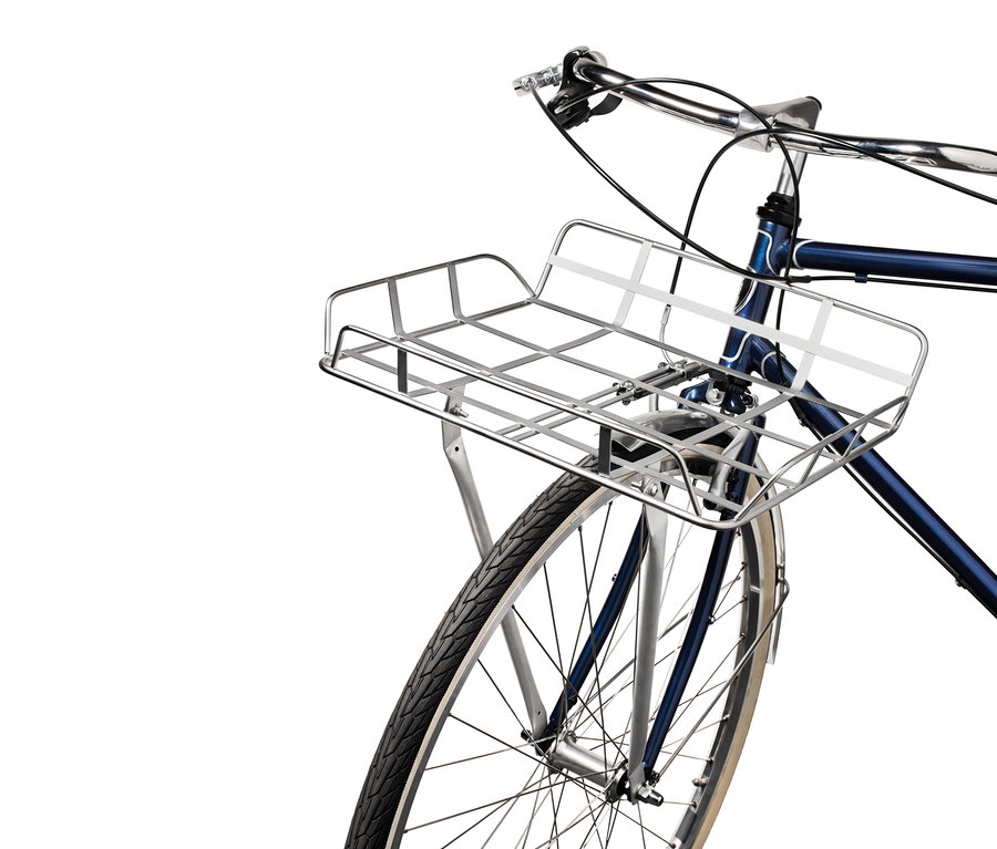 Fahrrad-Vorderrad-Gepäckträger montiert an einem blauen Fahrrad.