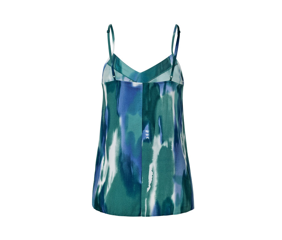 Detailansicht eines Spaghettiträger-Tops mit blau-grünem Muster.