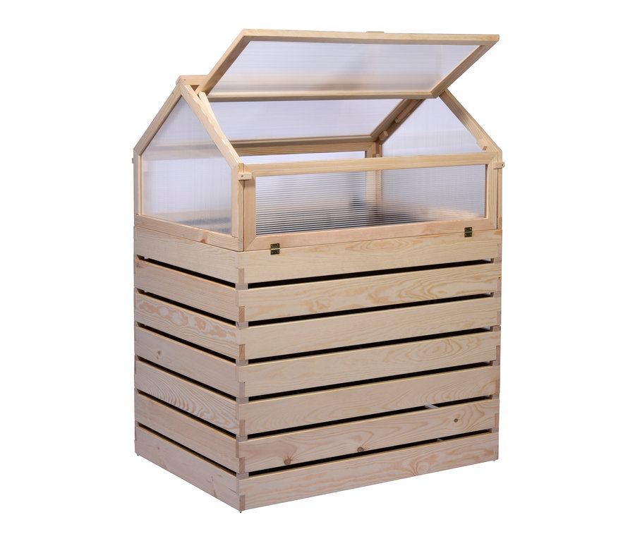 Ein hölzernes Hochbeet »Hathi« mit einem transparenten Dachfenster.