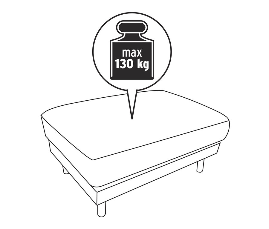 Umriss eines braunen 3-Sitzer-Sofas mit Hocker, maximale Traglast 130 kg.