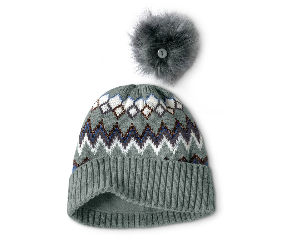 Graue Strickmütze mit Norwegermuster und abnehmbarem Bommel.