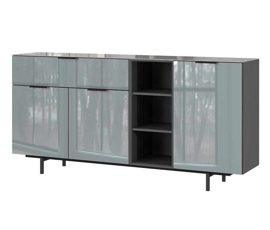 Sideboard aus Glas mit vier Türen und offenen Regalen in der Mitte.