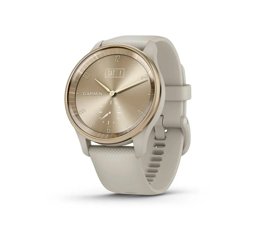 Detailaufnahme einer cremefarbenen goldenen GARMIN vivomove Trend.