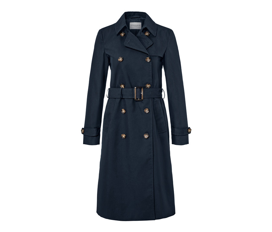 Marineblauer Trenchcoat mit Gürtel und Knöpfen.