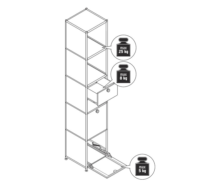 Eine Skizze von einem Metallregal »CN3« mit 2 Klappenfächern und 2 Schubladen. Die maximale Tragfähigkeit beträgt für das obere Fach 25 kg, für die Schubladen 8 kg und für das untere Fach 5 kg.