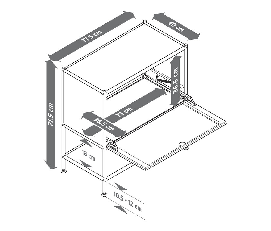 Skizze von Sideboard Metall »CN3« mit Klappe, beige, und Abmessungen.