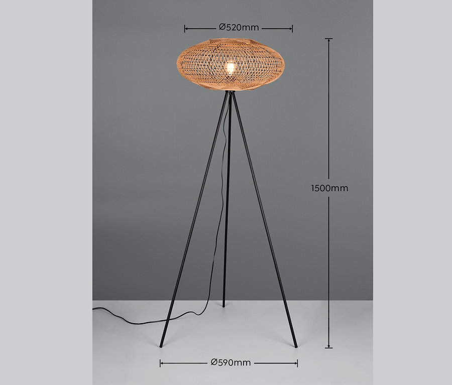 Trio Stehleuchte »Hedda« mit schwarzem Metallgestell und Lampenschirm aus Naturrattan.