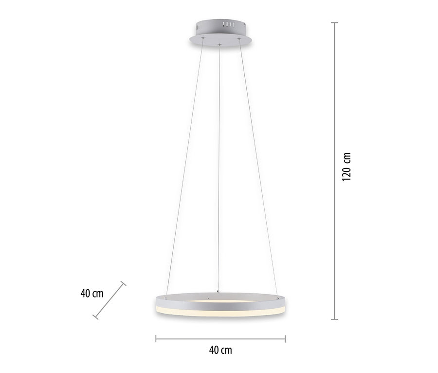 Weiße LED-Hängeleuchte »Titus« mit den Maßen 40 cm x 40 cm und einer Höhe von 120 cm.