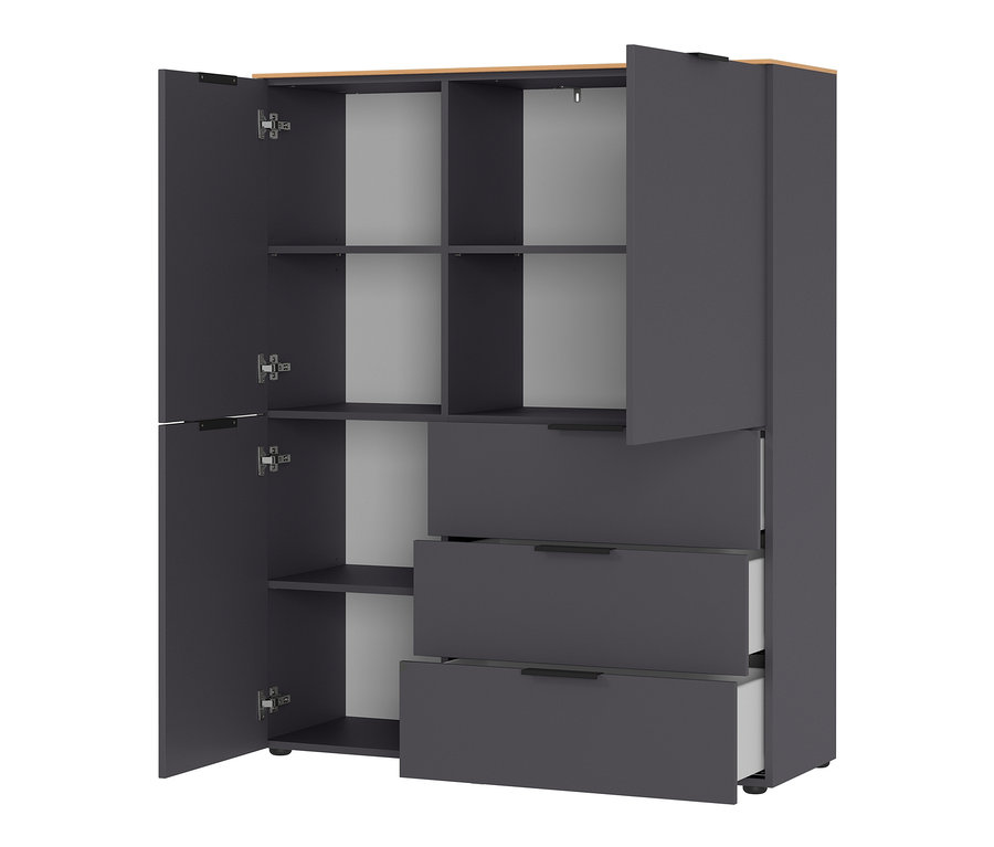 Graphitfarbenes Highboard »CALIFORNIA« mit offenen Türen und Schubladen.