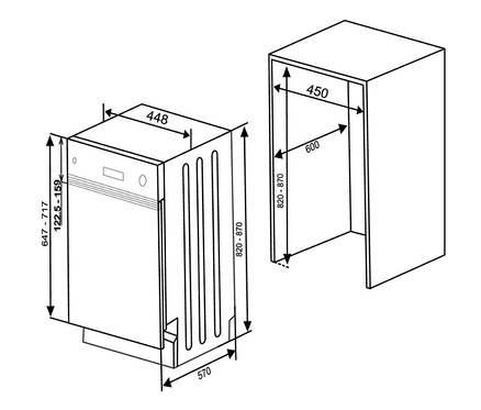 Abbildung eines teilintegrierten Respekta Geschirrspülers "GSP45TiDV", ca. 45 cm breit, Energieeffizienzklasse E (von A bis G).