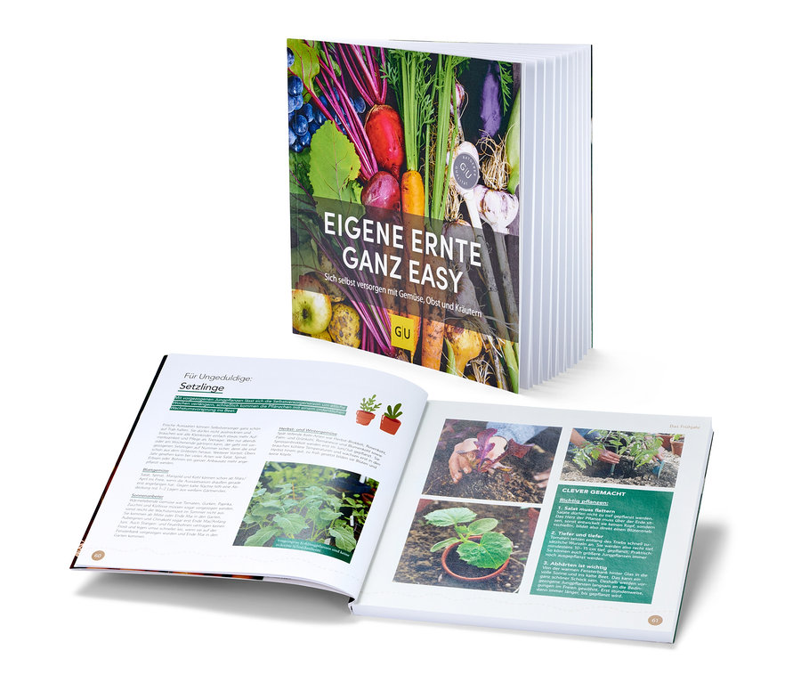Zwei Bücher liegen übereinander. Auf dem Cover des oberen Buches sind Gemüse und Obst und der Titel "Eigene Ernte ganz easy" zu sehen.